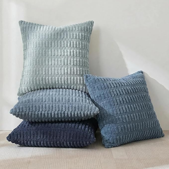 Fancy Homi Set of 4 Blue Decorative Throw Pillow Covers 14x14 Inch for Couch Bed Chair, Modern Farmhouse Boho Room Decor, Soft Fuzzy Corduroy Textured Striped Coastal Blue Cushion Case 35cm