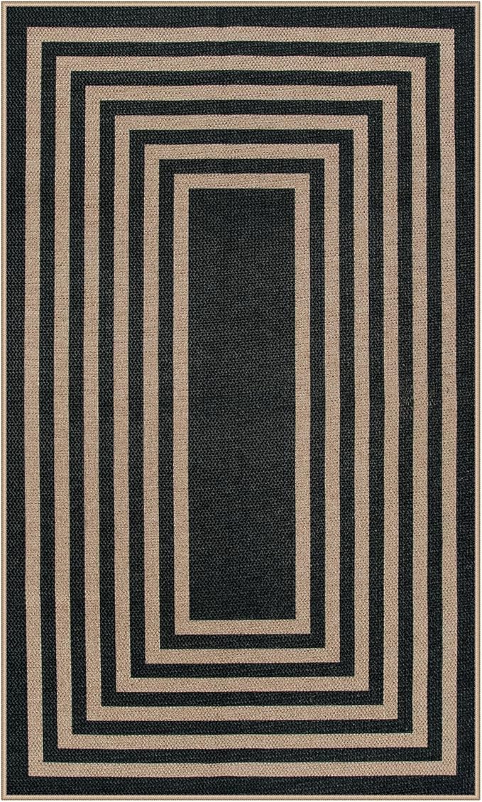 Lahome Enfys Modern Geometric Easy Jute Outdoor Rug, 3x5 Black Indoor Outdoor Carpet for Living Room Entryway, Farmhouse Non Slip Non Shedding Washable Area Rug for Patio Courtyard Bedroom