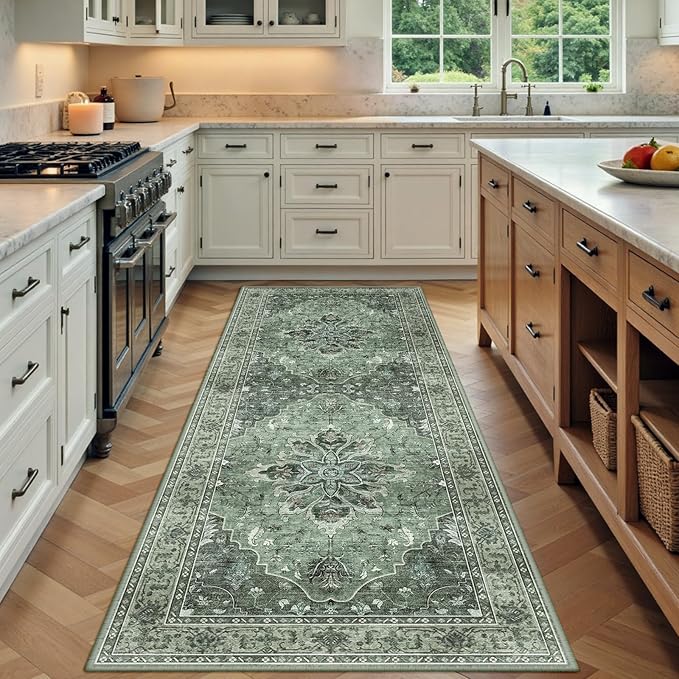RELEANY Area Rugs 3'x6' Runner Rug Non Slip Washable for Kitchen Hallway Bedroom Beside Laundry Room Bathroom Rug, Floor Carpet, Dark Green Gray