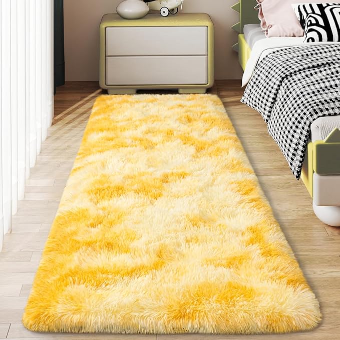 Soft Runner Rugs for Bedroom Hallways, 2x6 Tie-Dyed Yellow Fluffy Shag Throw Area Rug Non Slip for Bedside Dorm, Long Shaggy Furry Carpet for Nursery Living Room