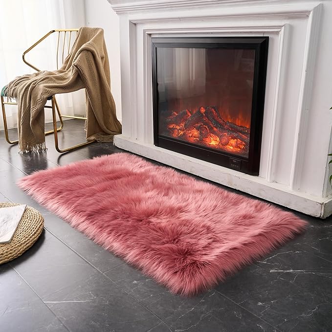 EasyJoy Ultra Soft Fluffy Shaggy Area Rug Faux Fur Rug Chair Cover Seat Pad Fuzzy Area Rug for Bedroom Floor Sofa Living Room (2 x 4 ft Rectangle, BlushPink)
