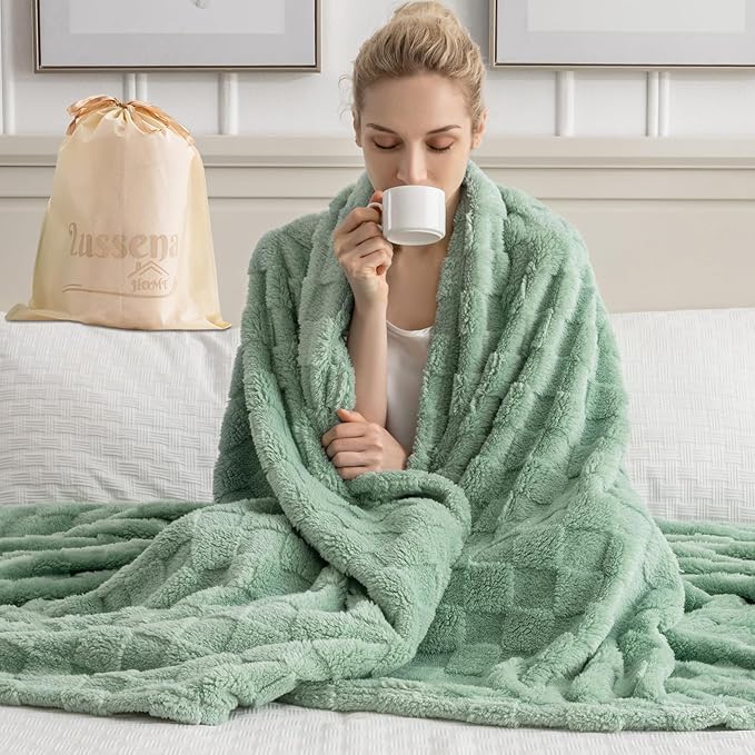 Sage Green 300GSM Fluffy XL Throw Blanket Soft Fleece Bed and Couch Blankets for Bedroom, Farmhouse, and Aesthetic Room Decor 5070
