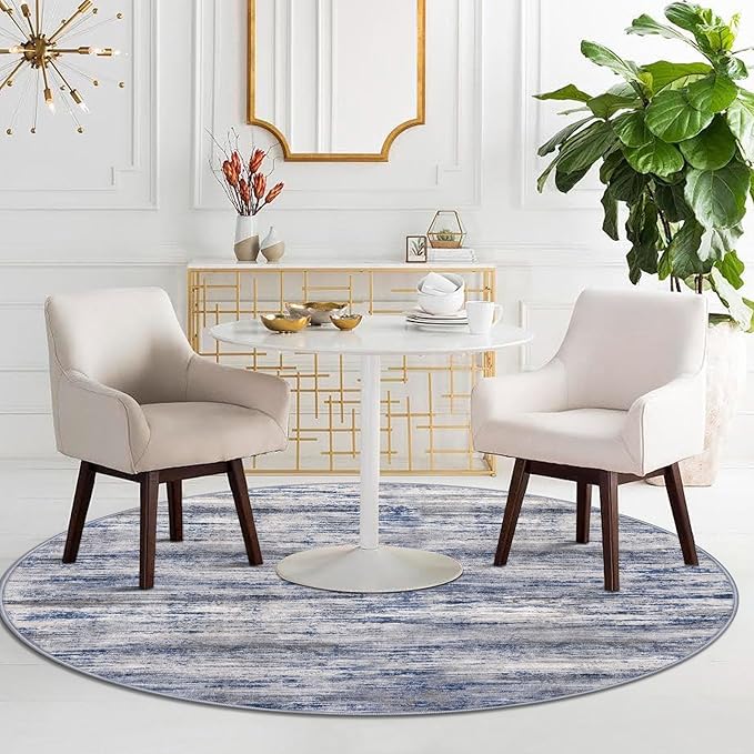 KOZYFLY Modern Abstract Round Washable Rug 5Ft, Non-Slip Soft Kitchen Bathroom Circle Rug, Grey-Blue Striped Entryway Rugs Abstract Faux Wool Doormat for Bedside Entrance Bedroom Sink