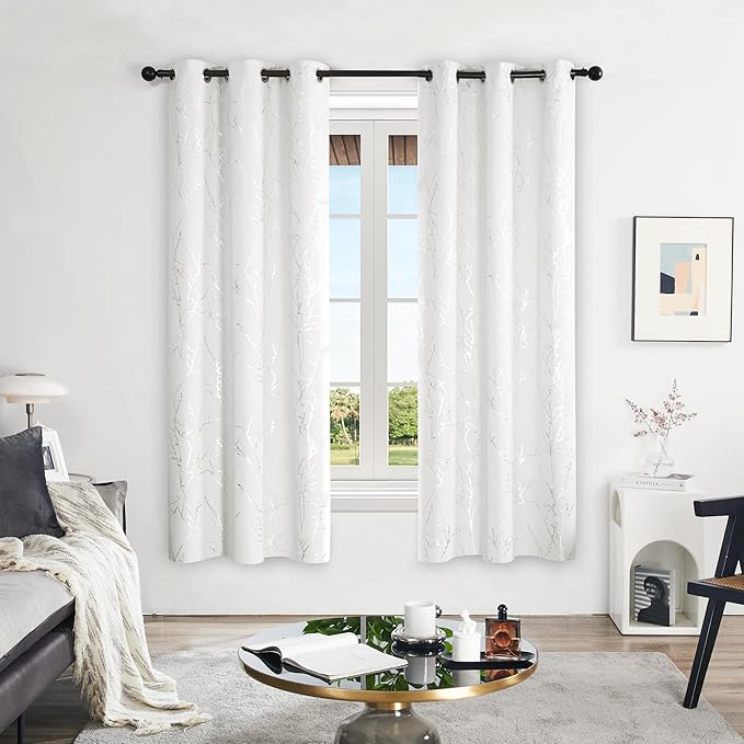 Deconovo White Curtains 72 Inches Long, Room Darkening Curtain, Thermal Insulated Soundproof Drapes, Silver Print, Grommet Top, Light Blocking Window Panels for Living Room Bedroom Nursery, Set of 2