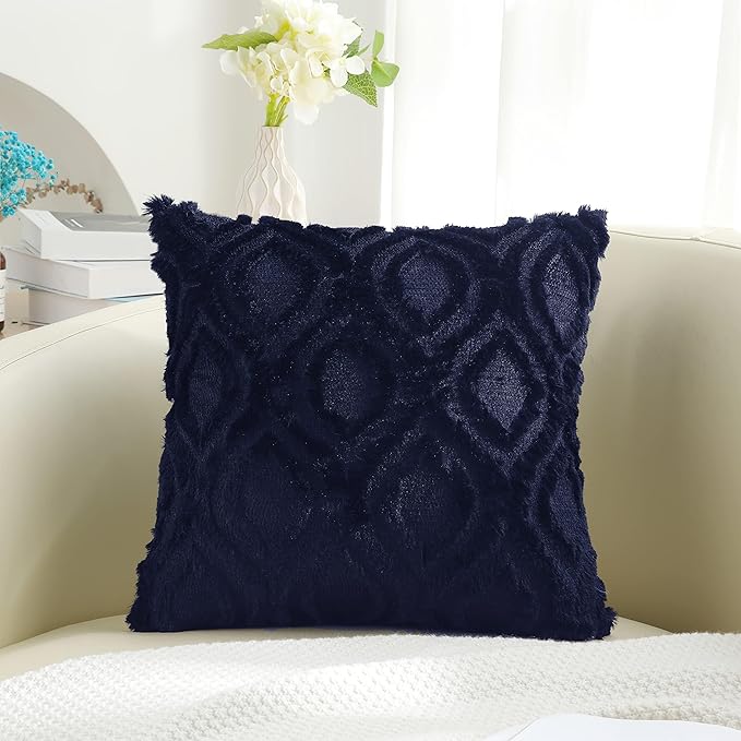 decorUhome Summer Throw Pillow Covers 20x20 Inch Set of 2, Soft Plush Faux Wool Navy Blue Solid Couch Pillow Covers, Accent Farmhouse Neutral Square Pillow Cases for Sofa Bed Living Room