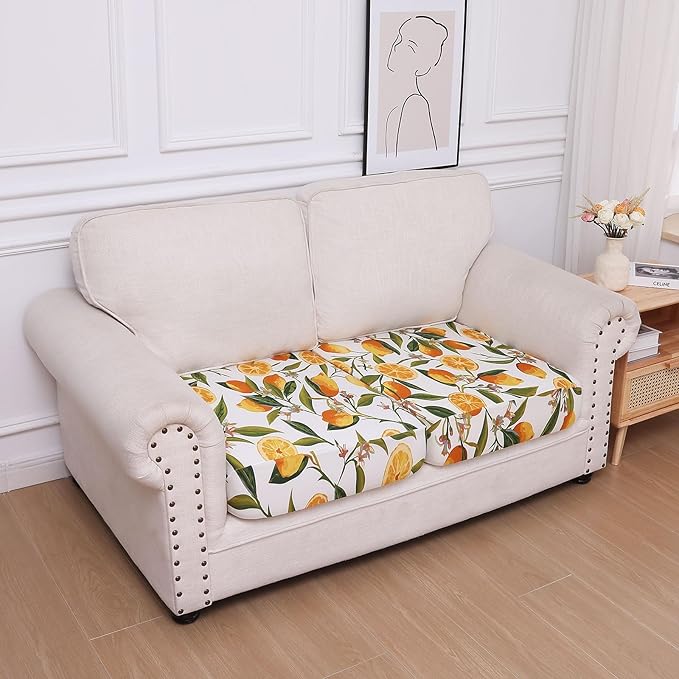 hyha Printed Couch Cushion Covers, Floral Sofa Covers Washable for 2 Cushion Couch, Stretch Pattern Outdoor Cushion Covers for Patio Furniture with Elastic Bottom(2 Packs, Lemon)