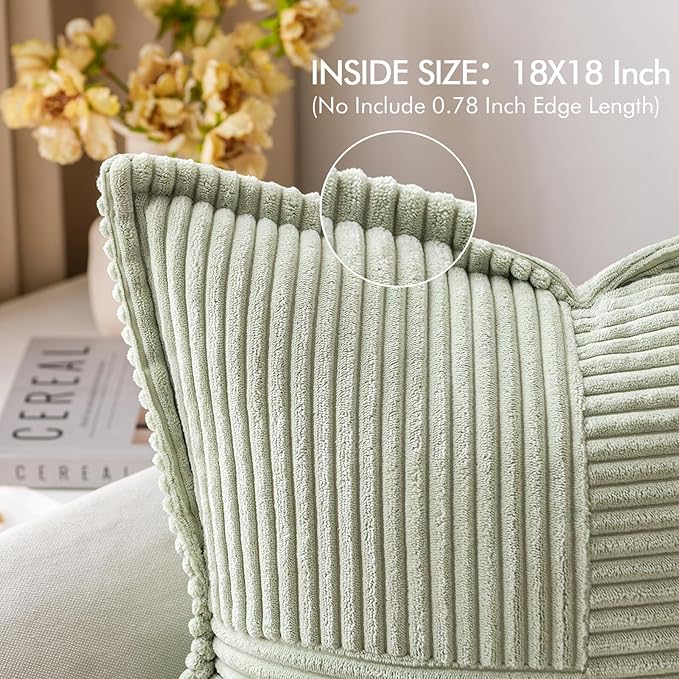MIULEE Spring Decorative Throw Pillow Covers for Couch Bed Livingroom 18x18 Inch Set of 2 Light Green Boho Accent Throw Pllows Broadside Striped Patchwork Soft Corduroy Summer Pillowcases