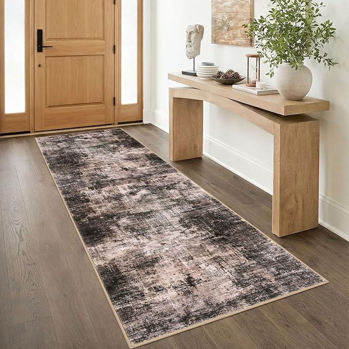IOHOUZE Abstract Runner Rug 3x8 Ft Washable Runners for Hallways, Non Slip Kitchen Runner Printed Faux Wool Entryway Runner Indoor, Modern Abstract Floor Carpet for Hall Bedroom, Brown/Rust