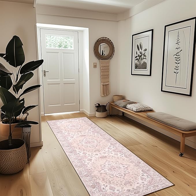 RELEANY Area Rugs 2'x8' Runner Rug Non Slip Washable for Kitchen Hallway Bedroom Beside Laundry Room Bathroom Rug, Floor Carpet, Pink Greypink Cute