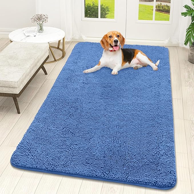 OLANLY Dog Door Mat for Muddy Paws 59x32, Absorbs Moisture and Dirt, Absorbent Non-Slip Washable Doormat, Quick Dry Chenille Mud Mat, Entry Indoor Entryway Carpet for Inside Floor, Cornflower Blue