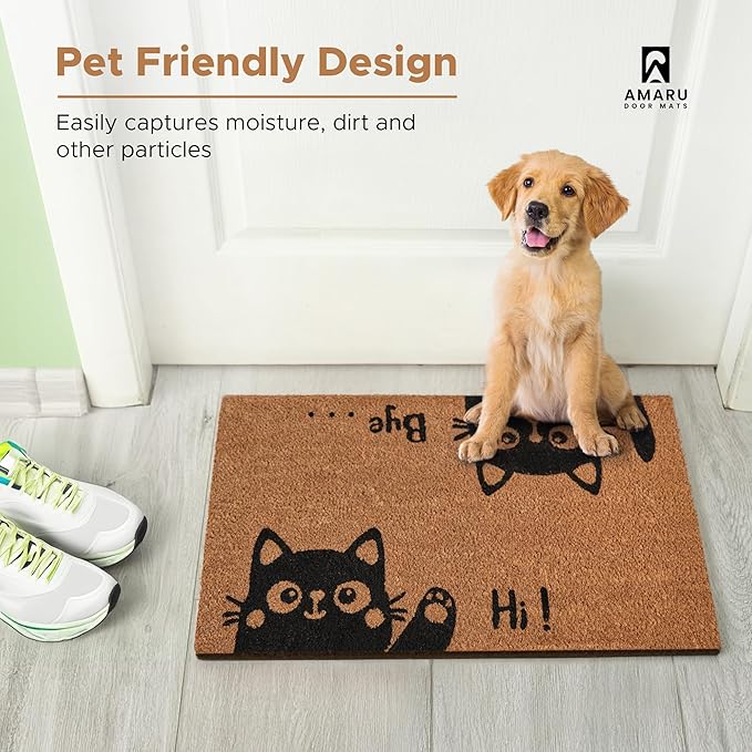 Hi-Bye Cat - 24"x36" - Coir Door Mat with Heavy Duty Backing - Welcome Mats for Entryway, Porch - Anti-Slip PVC & Coconut Fiber Surface - Natural Home Accessories, Minimalist Original Design