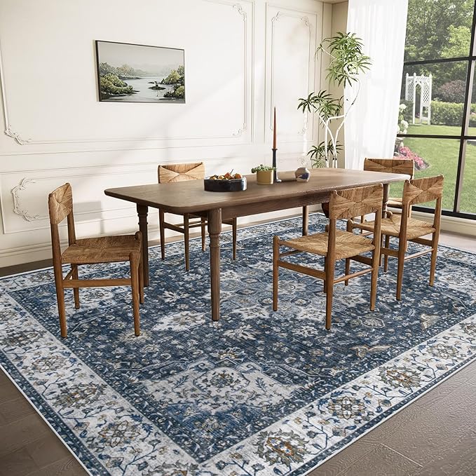 Area Rug 9x12 Washable Rug, Vintage Boho Medallion Rugs Non-Slip Soft Low Pile Large Distressed Rug Indoor Retro Carpet for Living Room Bedroom Dining Room Home Office (Vintage Blue, 9'x12')