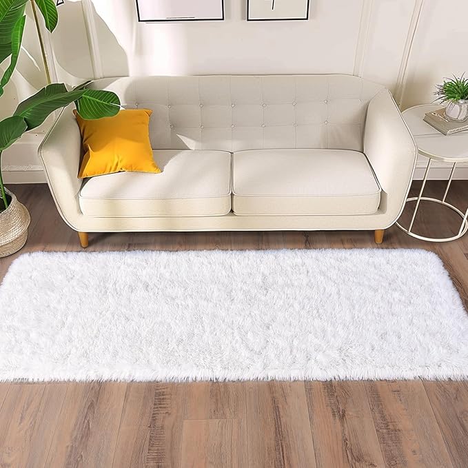 Soft Runner Rugs for Bedroom Hallways, 2x6 White Fluffy Shag Throw Area Rug Non Slip for Bedside Dorm, Long Shaggy Furry Carpet for Nursery Living Room