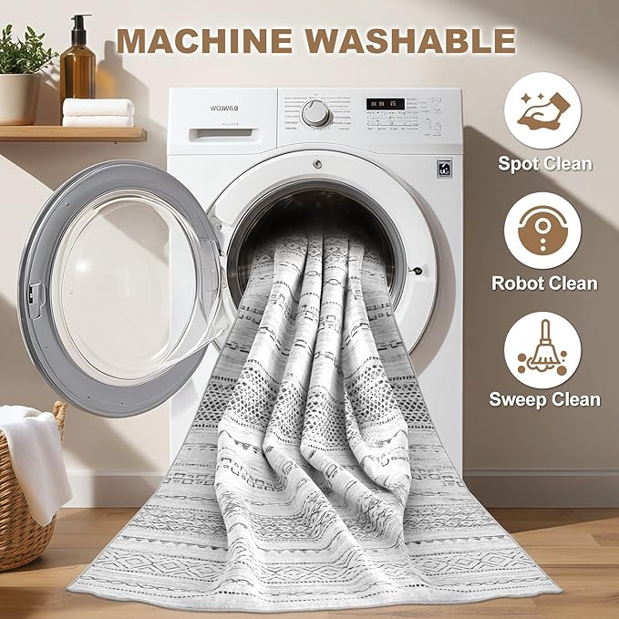 Nakagishi 10x12 Area Rug Living Room: Washable Boho Large Neutral Modern Soft Stain Resistant Farmhouse Indoor Floor Rug Non Slip Accent Carpet for Bedroom Nursery Kids Playroom Office- Gray