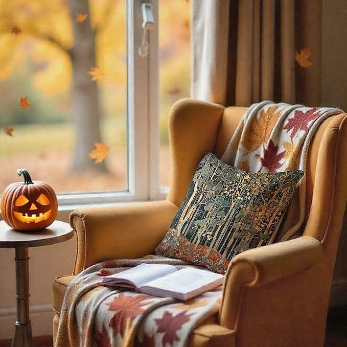 Rustic Autumn Forest Pillow Covers 18x18 Double-Sided, Fall Home Room Decor, Vintage Botanical Nature William Morris Inspired Decorative Throw Pillow Covers for Home Bedroom Living Room