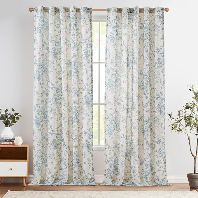 jinchan Linen Blend Curtain Floral Curtains for Living Room 96 Inch Length Blue Printed Curtain Rod Pocket Back Tab Farmhouse Peony Flower Patterned Drapes Bedroom Window Curtains Set 2 Panels
