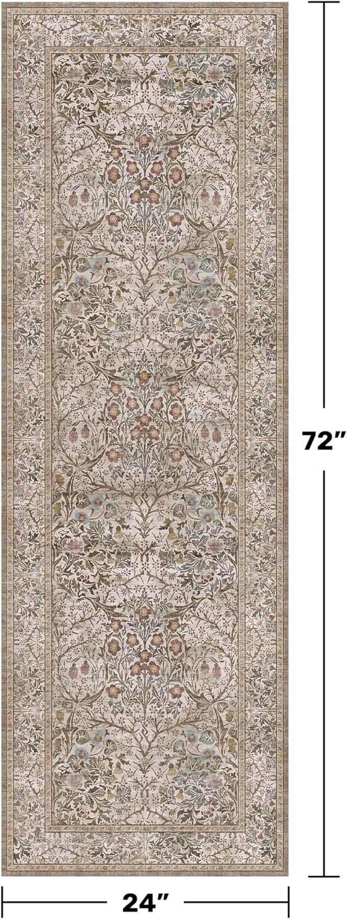2x6 Washable Bathroom Runner Rug Non Slip - Moss Green Small Runner Rug for Kitchen, Bedroom, Hallway, Stain Resistant Kitchen Floor Mat, Ultra Soft Vintage Oriental Taupe Brown Décor Low Pile