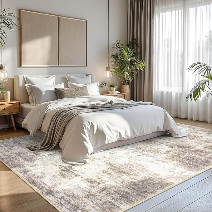 IOHOUZE Abstract Area Rugs 8x10 Ft Washable Large Rugs for Living Room, Non Slip Dining Room Rug, Printed Faux Wool Rugs for Bedroom, Floor Carpet for Office Nursery Playroom, Beige Brown