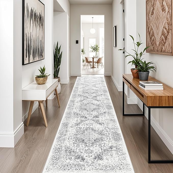 Washable 2'6''x12' Runner Rug - Non-Slip Vintage Runner Rug for Entryway Low-Pile Medallion Long Rugs for Hallway Waterproof Traditional Runner Rugs Indoor Thin Rug for Kitchen Grey