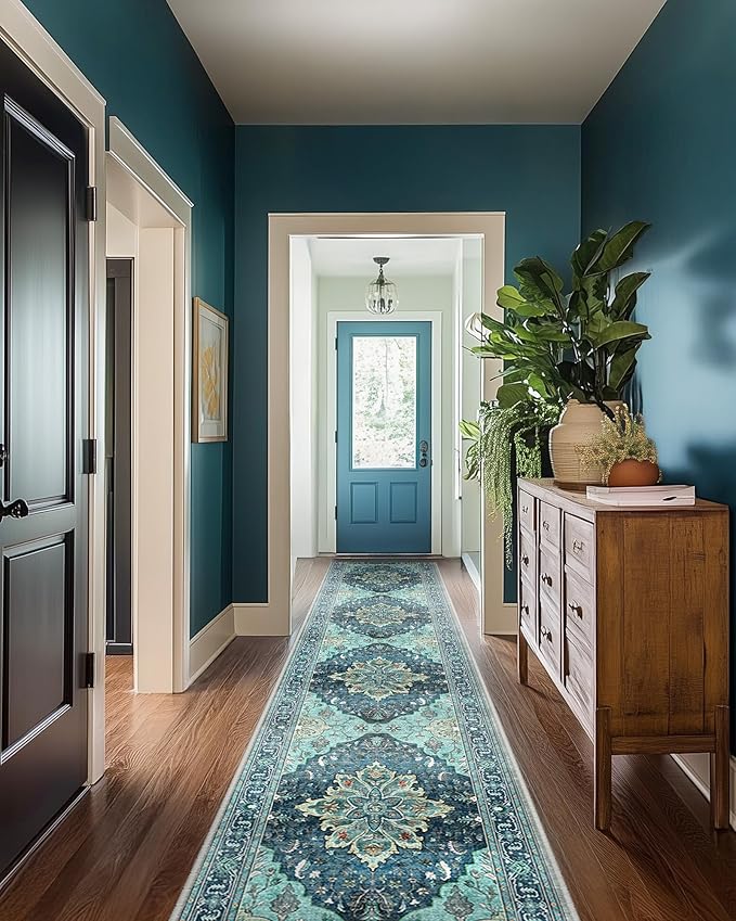 RELEANY Area Rugs 2'x10' Runner Rug Non Slip Washable for Kitchen Hallway Bedroom Beside Laundry Room Bathroom Rug, Floor Carpet, Teal Green Lake Blue Turquoise