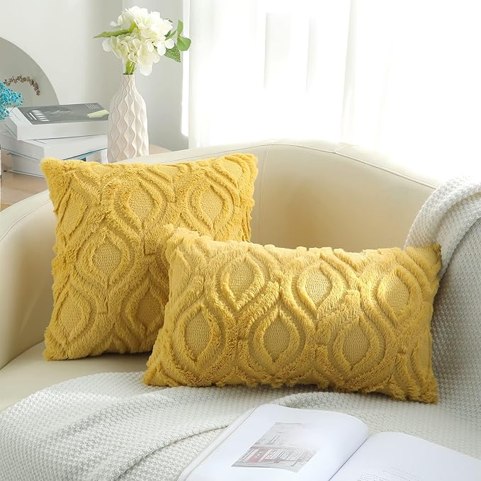 decorUhome Summer Throw Pillow Covers 24x24 Inch Set of 2, Soft Plush Faux Wool Mustard Yellow Solid Couch Pillow Covers, Accent Euro Sham Farmhouse Square Pillow Cases for Sofa Bed Living Room
