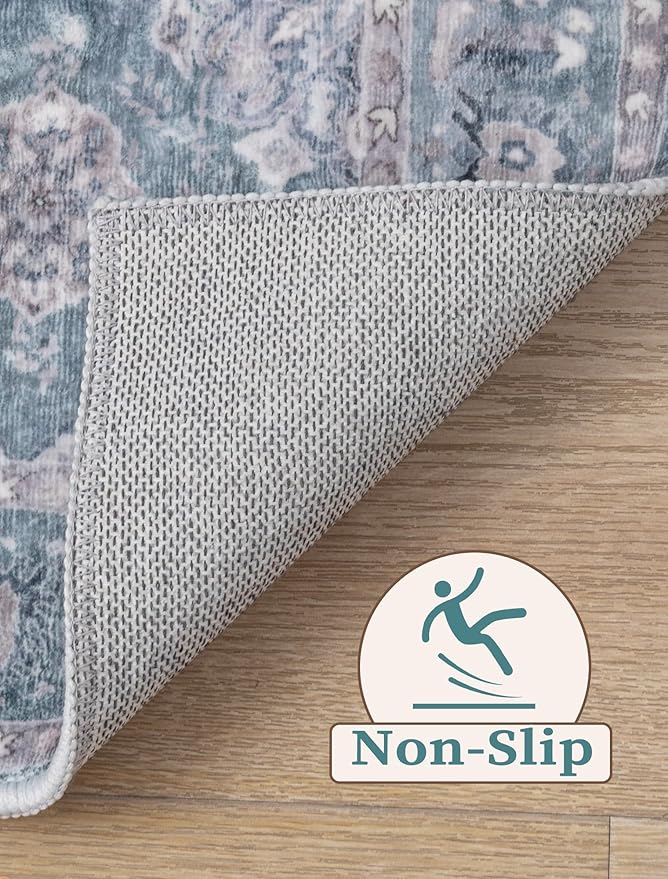 SERISSA Boho Washable Runner Rug, 2'6"x10' Long Non-Slip Vintage Floral Hallway Kitchen Stair Runner Rug Ultra Soft Print Distressed Blue Grey Floor Carpet for Bathroom Laundry Room