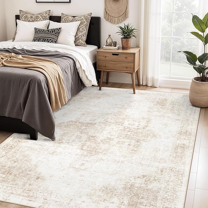 Area Rug 5x7 Washable Rug, Vintage Boho Medallion Rugs Non-Slip Soft Low Pile Large Distressed Rug Indoor Retro Carpet for Living Room Bedroom Dining Room Home Office (Beige, 5'x7')
