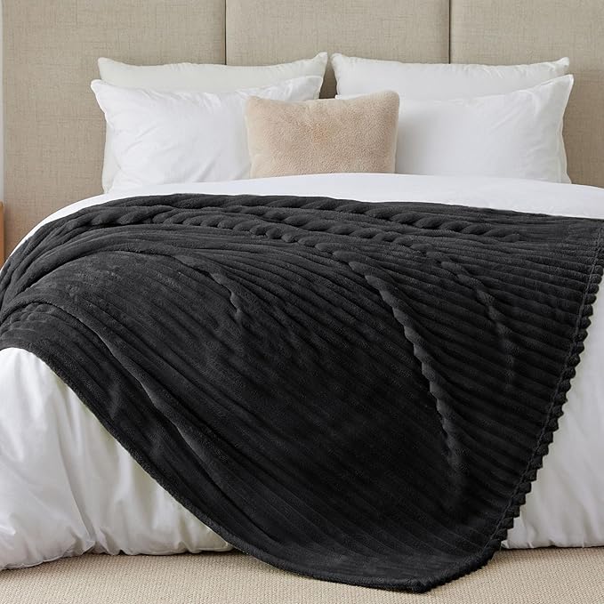 BEDELITE Full Size Blanket for Bed, 300GSM Soft & Warm Fleece Black Blanket, Decorative and Giftable Striped Blankets for Women, Men, 84"x90"