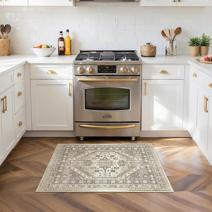 Entryway Rug - 2x3 Washable Rug Runner for Bathroom, Laundry Room, Kitchen, Soft Vintage Hallway Runner for Bedroom, Non-Slip Door Mat Indoor Entrance(Brown,2'x3')