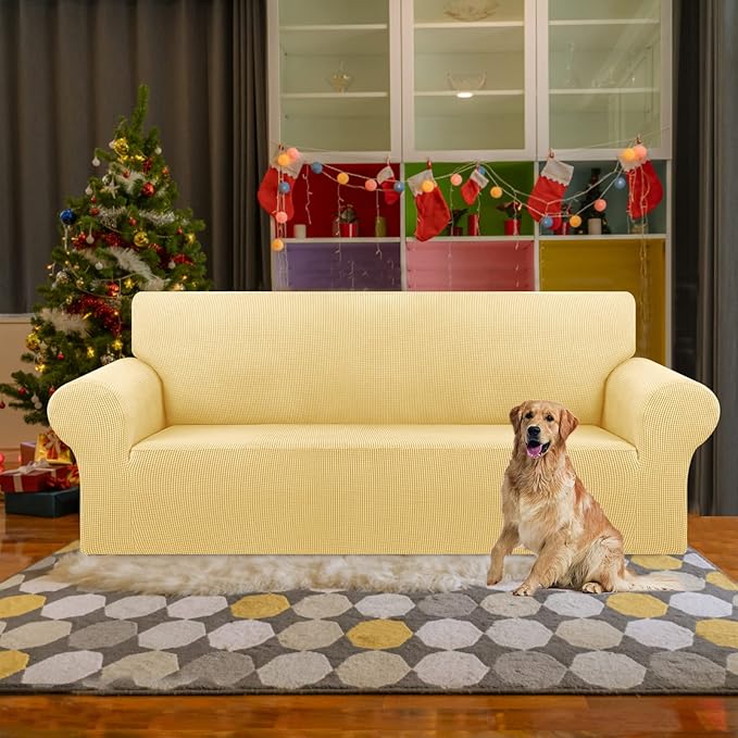 KEKUOU Stretch Sofa Cover Slipcover ，Couch Covers for 3 Cushion Couch Sofa pet Friendly (78"-94") Furniture Protector Sofa with Elastic Bottom for Kids,Dog, Jacquard Small Checked(Large,Champagne)