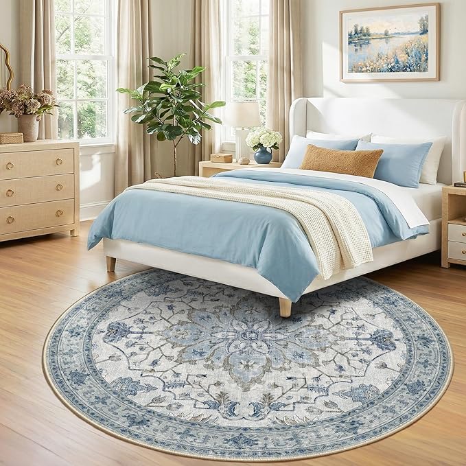 Area Rugs 8ft Washable Non-Slip, Floral Vintage Distress Print Pattern Medallion Carpet for Living Room Bedroom Dining Room, Light Blue Navy Beige Gray White
