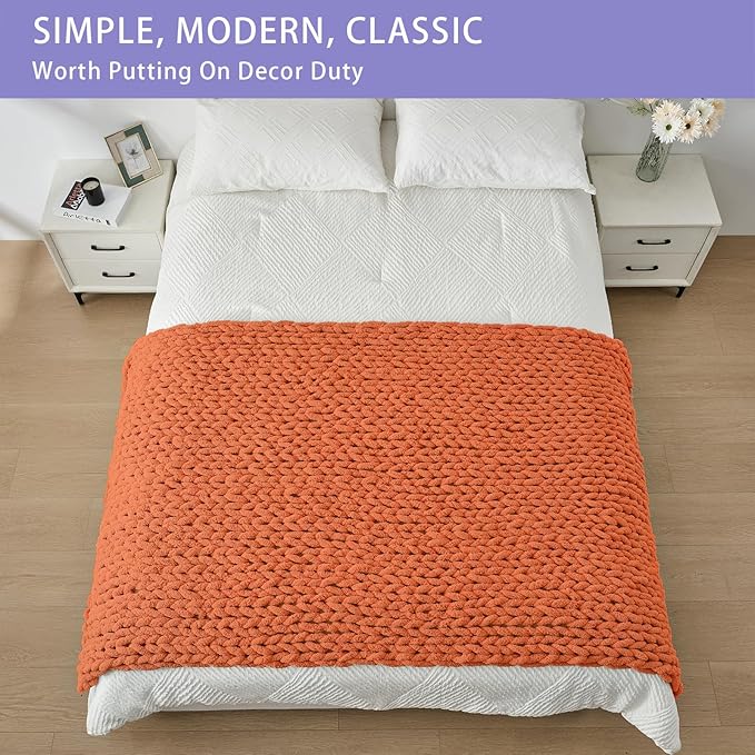 Bigacogo Chunky Knit Throw Blanket for Couch, 40x80 inches, 100% Hand Knitted with Thick Jumbo Chenille Yarn, Cozy Soft Large Rope Knot Cable Crochet Blankets for Sofa Bed Living Room, Terracotta