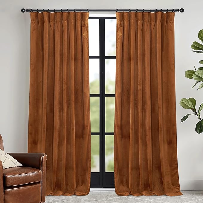 RYB HOME Velvet Curtains 108 inch, Room Darkening Window Curtains for Living Room Thermal Insulated Privacy Backdrop with Back Tab Loop for Bedroom, Golden Oak, W52 x L108 inch, 2 Panels