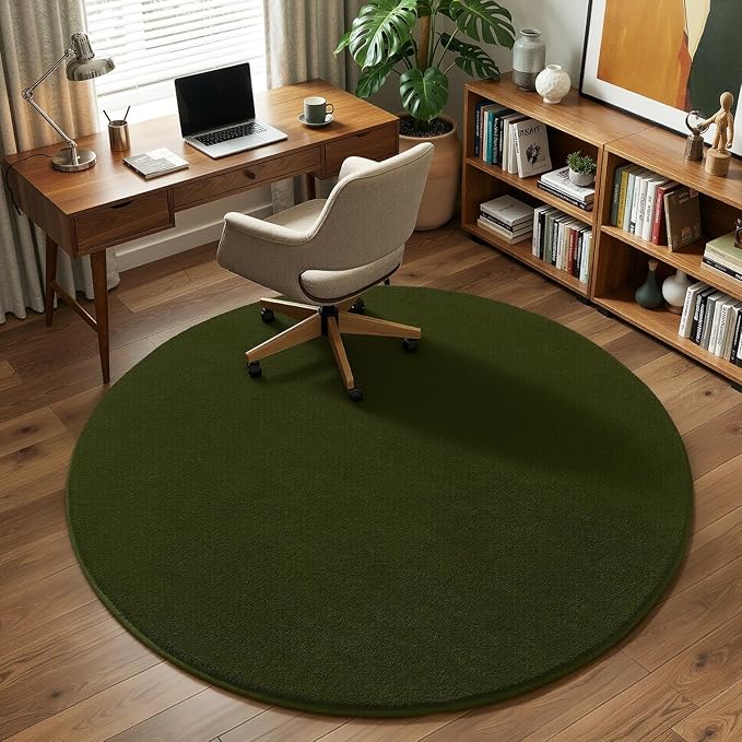 Amearea Olive Green Round Area Rugs 5ft Washable Circle Rugs for Bedroom Living Room, Fluffy Indoor Thickened Memory Foam Rug, Non Slip Minimalist Circular Carpet for Kids Boy Girl Dorm Nursery Room