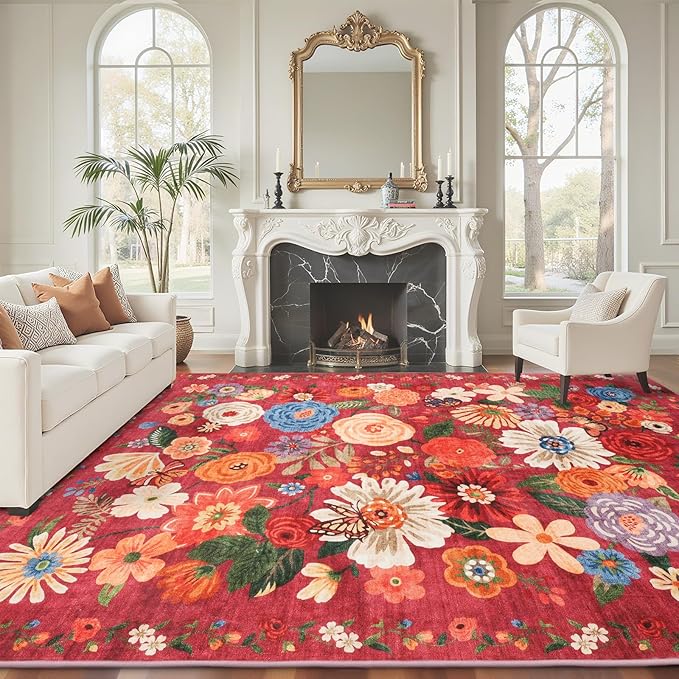Area Rugs 9x12 Living Room Washable Rug Non Slip Floral Low Pile Large Rug for Living Room, Bedroom, Farmhouse, Dining Room, Kids Playroom(9 x 12, Red Garden)