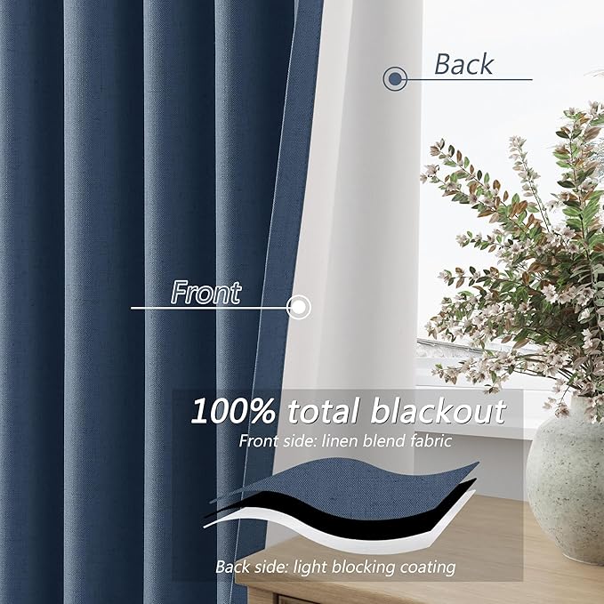 Guken 100% Blackout Curtains 96 Inch Length 2 Panels Set for Living Room Bedroom Back Tab Thermal Insulated Black Out Linen Drapes Room Darkening Window Curtains 96 Inches Long,Denim Blue
