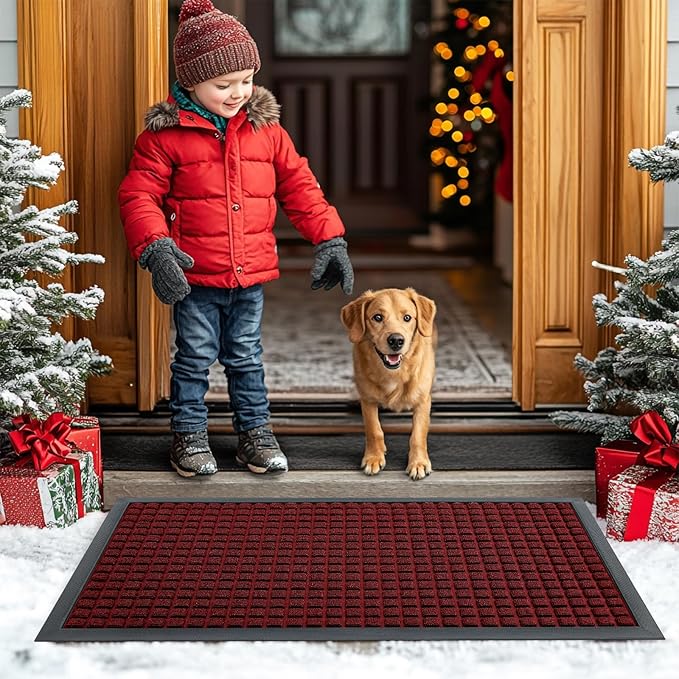 Smiry Front Door Mat Outside Entrance, Heavy Duty Natural Rubber Doormat, Non Slip, Trap Dirt and Moisture, Easy Clean, Low Profile Welcome Floor Mats for Indoor Outdoor Entry, 47x32 Inch, Red