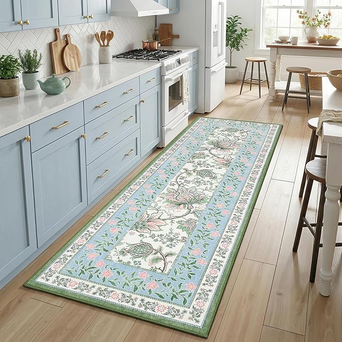 GarveeHome Blue Green Pink 2x3 Door Mat Indoor Rugs for Entryway Provence Small Botanical Grove Cottage core Washable Non-Slip Low-Pile Rug for Bedroom Bathroom Entrance TPE Backing