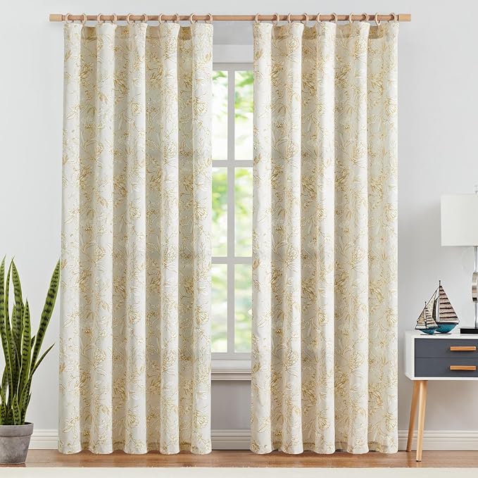 jinchan Floral Curtains 90 Inch Length Mustard Yellow Flower Linen Farmhouse Curtain for Living Room French Country Vintage Curtain Rod Pocket Curtains Set 2 Panels Floral Printed