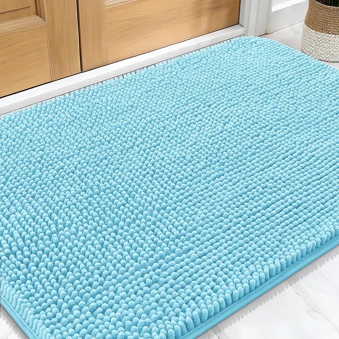 OLANLY Dog Door Mat for Muddy Paws 34x21, Absorbs Moisture and Dirt, Absorbent Non-Slip Washable Doormat, Quick Dry Chenille Mud Mat for Dogs, Entry Indoor Entryway Carpet for Inside Floor, Blue