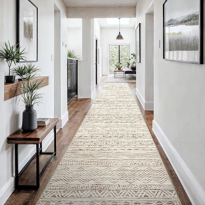 3x18 Washable Kitchen Runner Rug: Modern Moroccan Runners for Hallway Soft Non Slip Rugs with Rubber Backing Low Pile Thin Waterproof Floor Carpet for Entryway Bedroom Bathroom Indoor 3x18 Beige