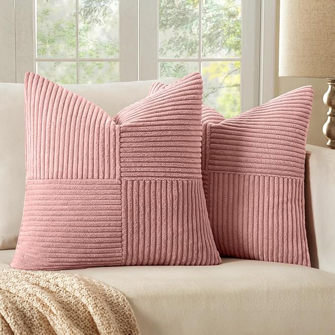 MIULEE Blush Pink Decorative Throw Pillow Covers 18x18 Inch for Couch Bed Sofa Valentines Day Pack of 2 Boho Farmhouse Throw Pillows Soft Cross Corduroy Patchwork Textured Cushion Cases