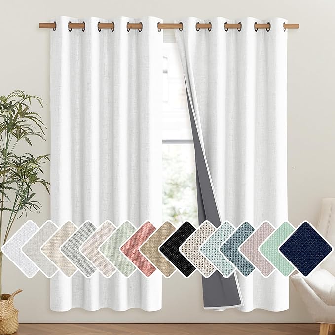 NICETOWN 100% Absolutely Blackout Linen Curtains with Thermal Insulated Liner, Greyish White, 52" Wide, 72" Length Energy Saving Curtains for Living Room 2 Panels Set, Vertical Blinds