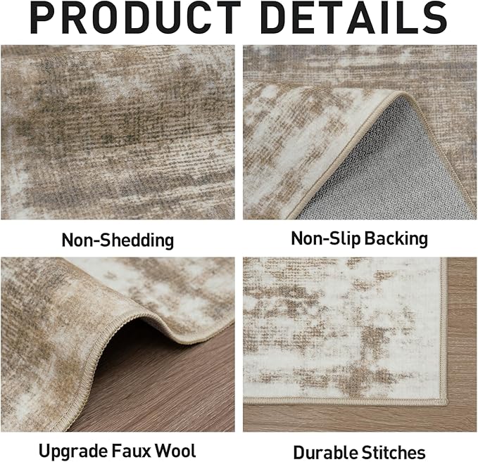 9x12 Area Rugs Washable Rug: Modern Abstract Living Room Rug Soft Anti-Skid Thin Carpet Indoor Floor Non-Shedding Carpets for Bedroom Dining Room Farmhouse Nursery Home Office Brown White