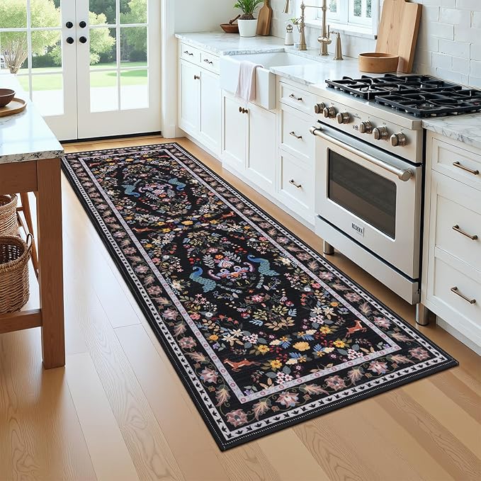 HEBE Washable Hallway Runner Rug 2'x 6' Non Slip Kitchen Rugs Runner,Low Pile Entryway Rug Laundry Room Mat Floral Carpet Runners for Hallways, Kitchen,Bathroom,Laundry,Bedside Rug