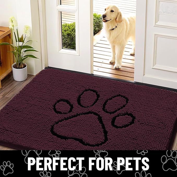Smiry Dog Door Mat for Muddy Paws, Absorbent Dirt Trapper Non Slip Quick Dry Washable Chenille Mat for Mud Dogs, Entry Rug for Indoor and Outdoor (48x30 Inches, Russet and Black)