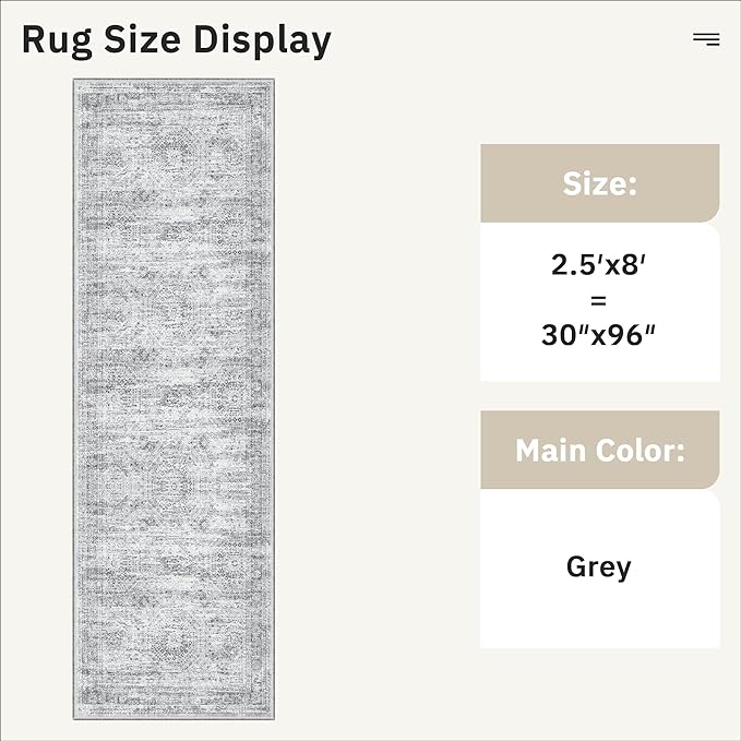 Washable Runner Rug, 2'6" x 8' Non-Slip Kitchen Vintage Foldable Hallway Runners for Entryway, Laundry, Bedroom, Grey