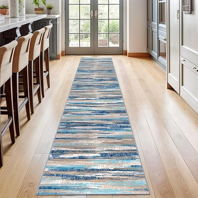 Lansny Modern Abstract Runner Rug 2x12, Blue Washable Long Kitchen Runner Non-Slip Soft Hallway Rug Runner Thin Print Faux Wool Carpet for Entryway Bedroom Laundry Room Indoor Home Decor