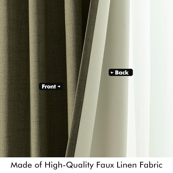 MIULEE 100% Blackout Linen Curtains for Bedroom, Light Olive Green Solid Luxury Decor Thermal Insulation Room Darkening Drapes for Living Room Nursery Back Tab Rod Pocket 42 x 90 Inches, 2 Panels