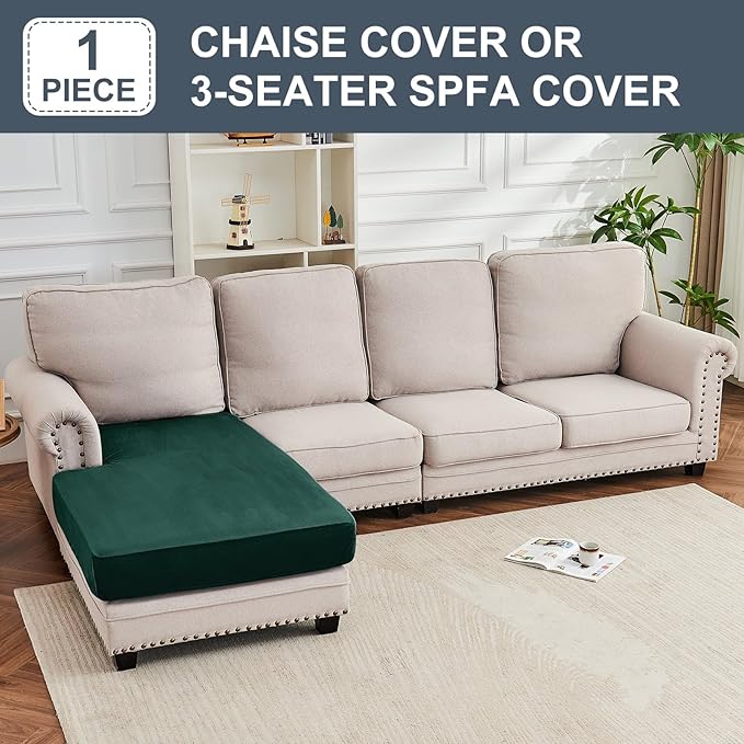 Couch Cover Velvet Chaise Cushion Cover for Sectional Sofas - Elastic L-Shaped Sofa Seat Covers Washable, Slipcover Protector (1-Piece, Christmas Green)